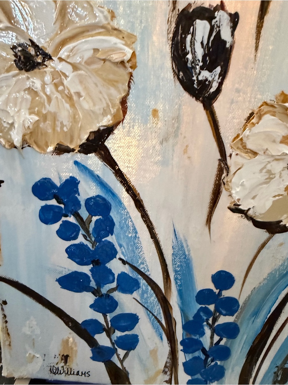 NWT Acrylic Textured Floral Canvas Painting in White, Blue & Cream 14 x 18" - Picture 8 of 14